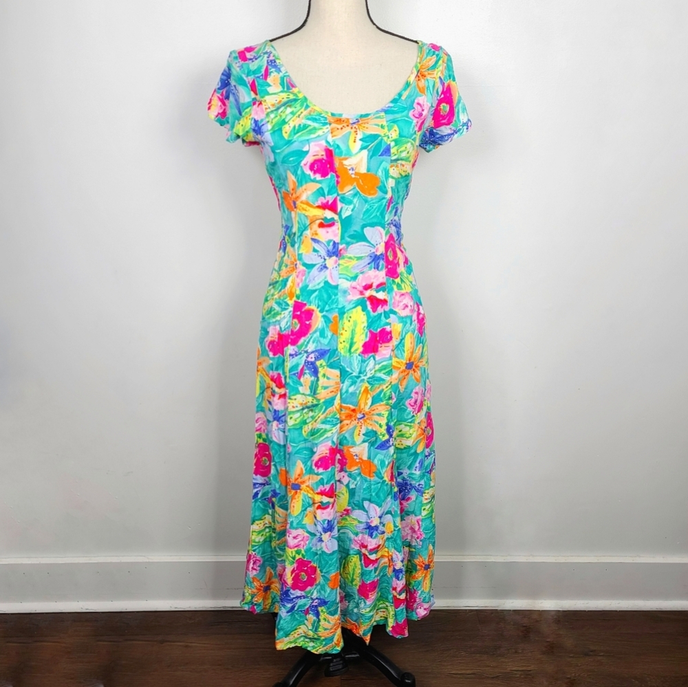 Jams World Turquoise Floral Midi Dress with Pink & Orange Blooms
